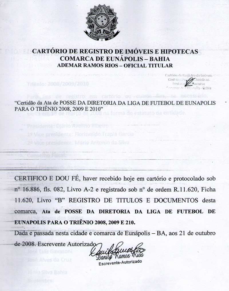 Certid&atilde;o da Ata de Posse da Diretoria atual