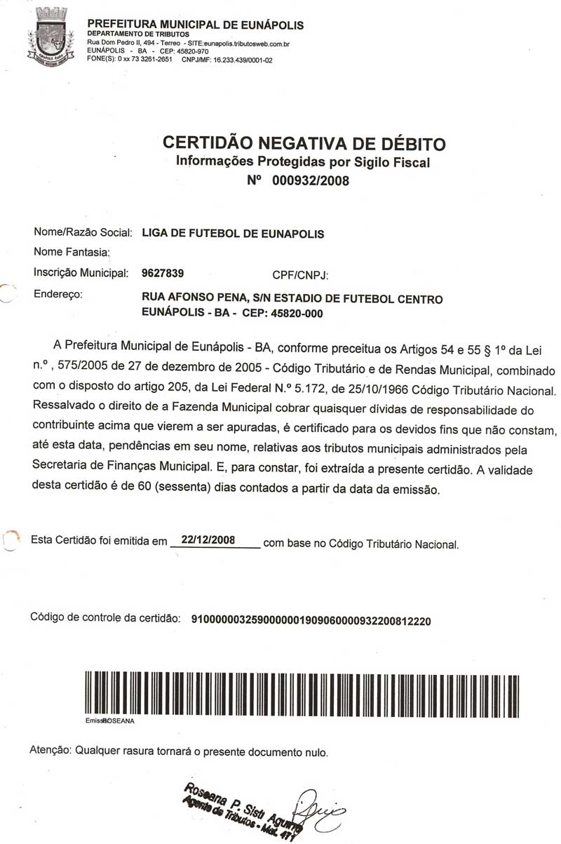 Certi&atilde;o de d&eacute;bito junto a Prefeitura Municipal de Eun&aacute;polis