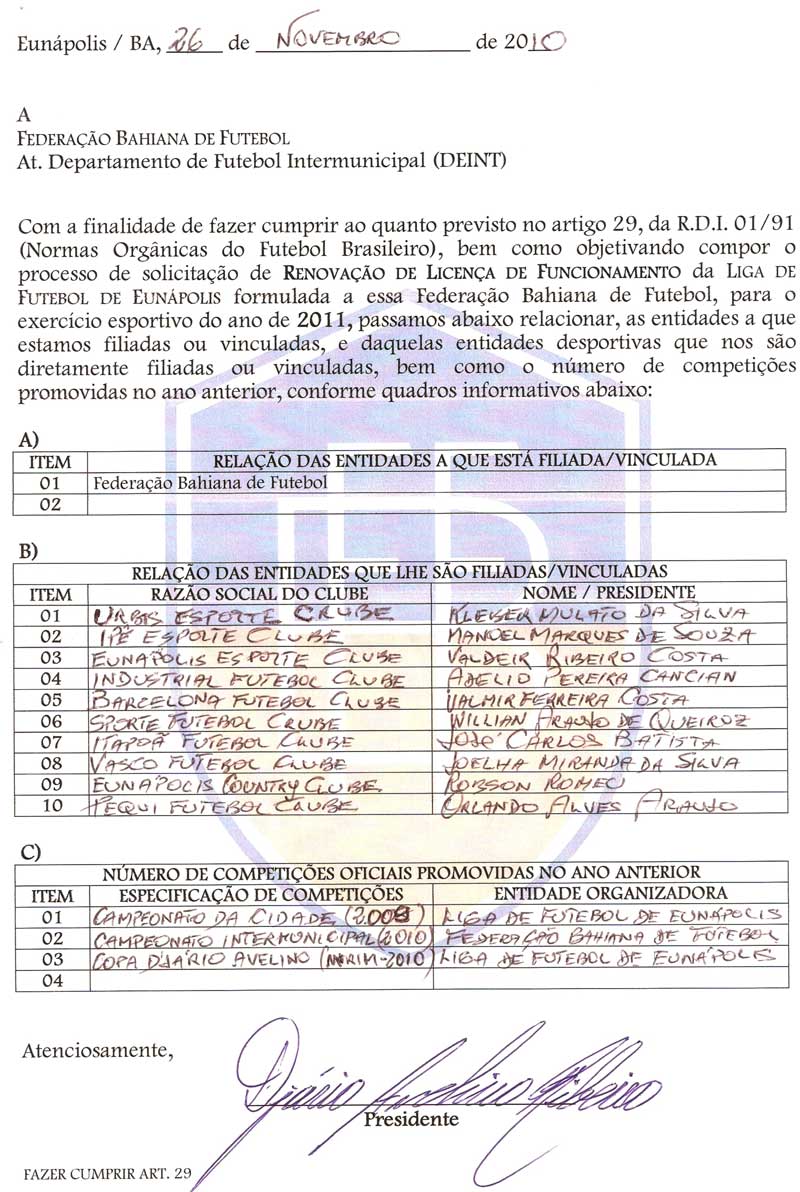 Rela&ccedil;&atilde;o de Clubes filiados a Liga de Futebol de Eun&aacute;polis