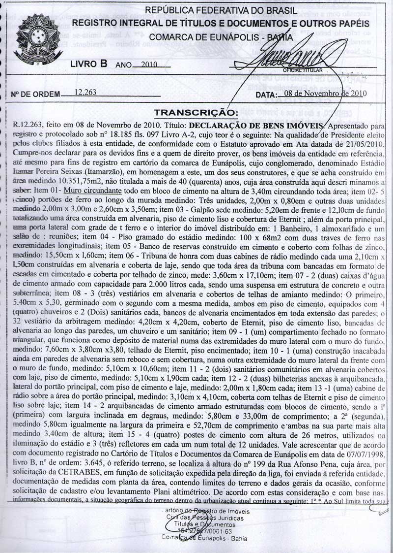 Transcri&ccedil;&atilde;o do registro de bens im&oacute;veis