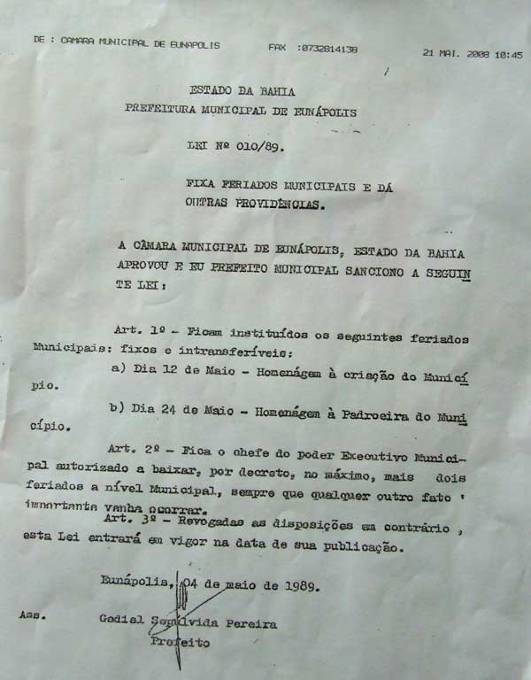 Lei Municipal N&ordm; 010/89, que fixa feriados municipais