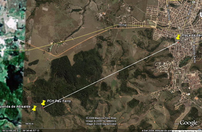 A linha branca ligando o centro de Eun&aacute;polis eo local da usina tem uma dist&acirc;ncia de 5,12  km