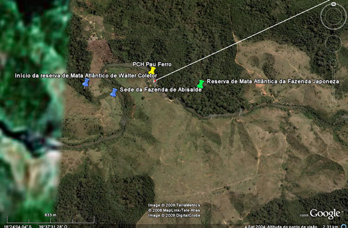 Vemos marcado aqui o come&ccedil;o da mata de Walter Coletor a sede de Abisalde em amarelo o local da PCH e em verde a reserva da Fazenda Japonesa