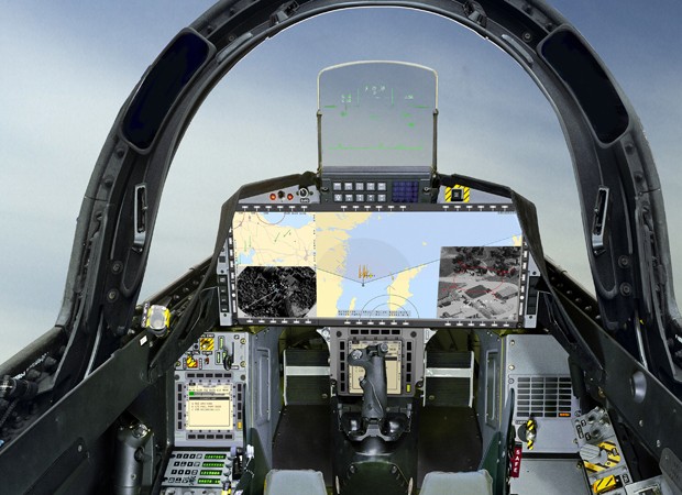 Projeto do cockpit exclusivo do Gripen a pedido do Brasil, com um display panor�mico (Foto: Saab)