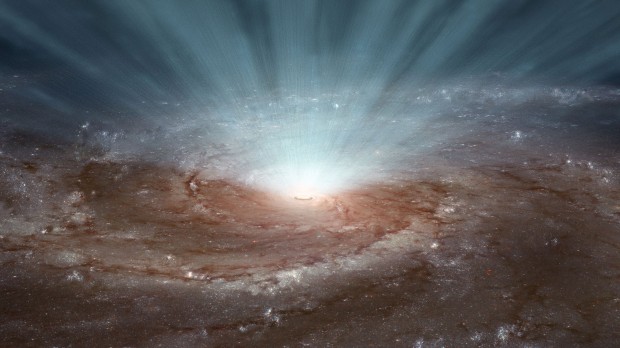 Concep��o art�stica dos ventos emanados do buraco negro no centro de uma gal�xia (Cr�dito: Nasa)